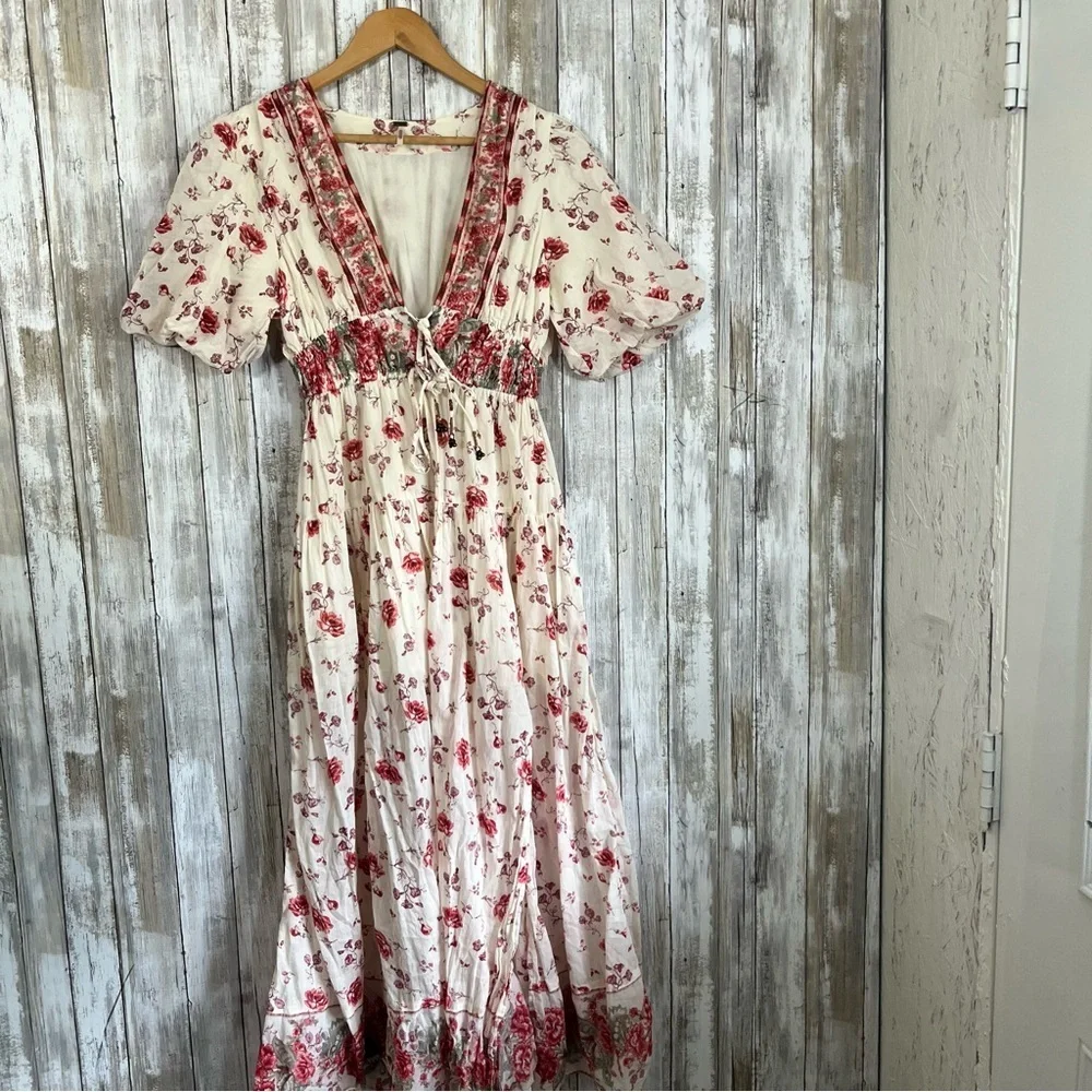 Free People Lysette Floral Maxi Dress Boho Cottagecore Tie Front XS - Picture 2 of 9